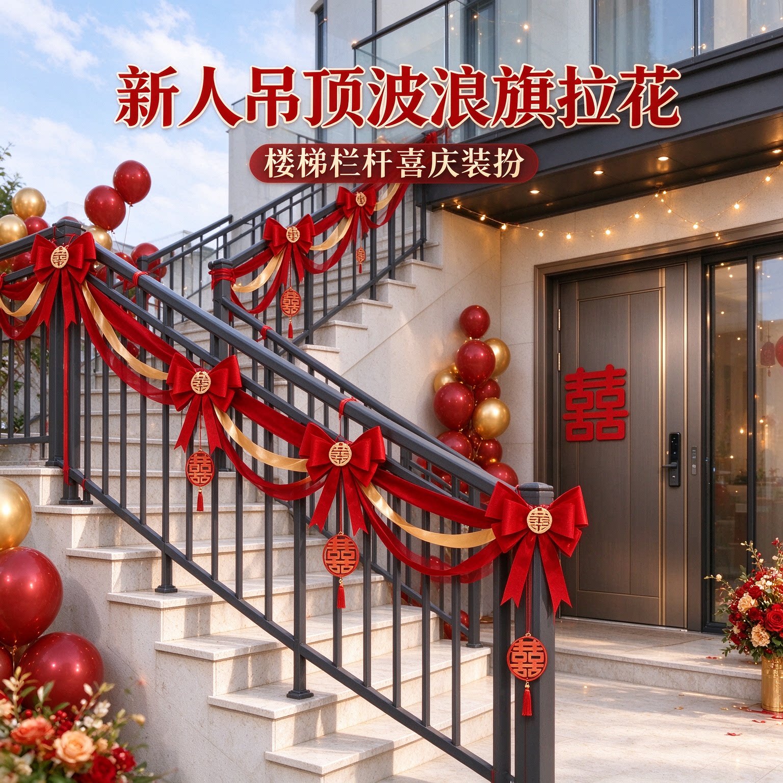 喜字拉花新人吊顶波浪旗简约大气沙发背景墙婚房装扮婚礼布置用品