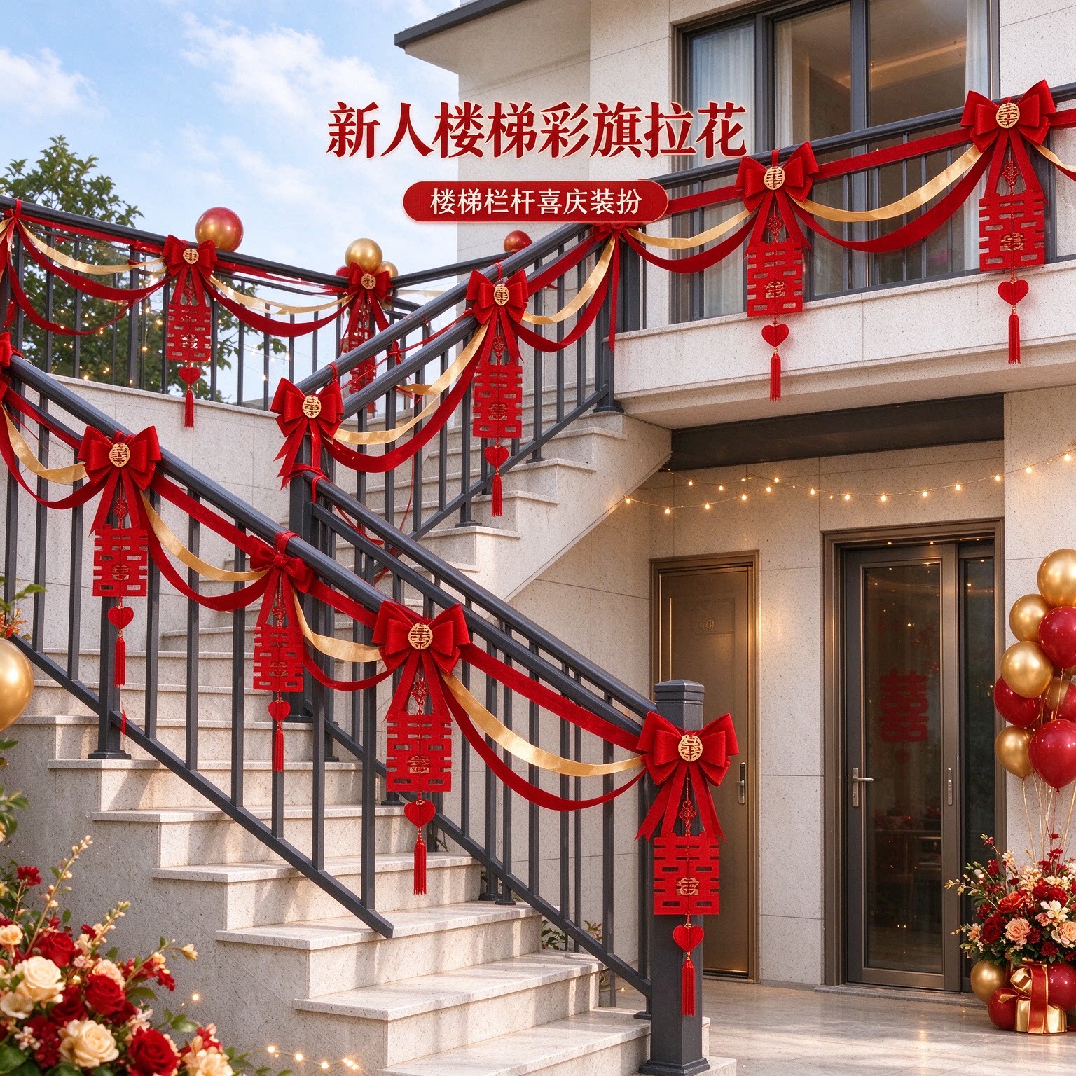喜字拉花新人楼梯彩旗氛围感大气沙发背景墙婚房装扮婚礼场景布置