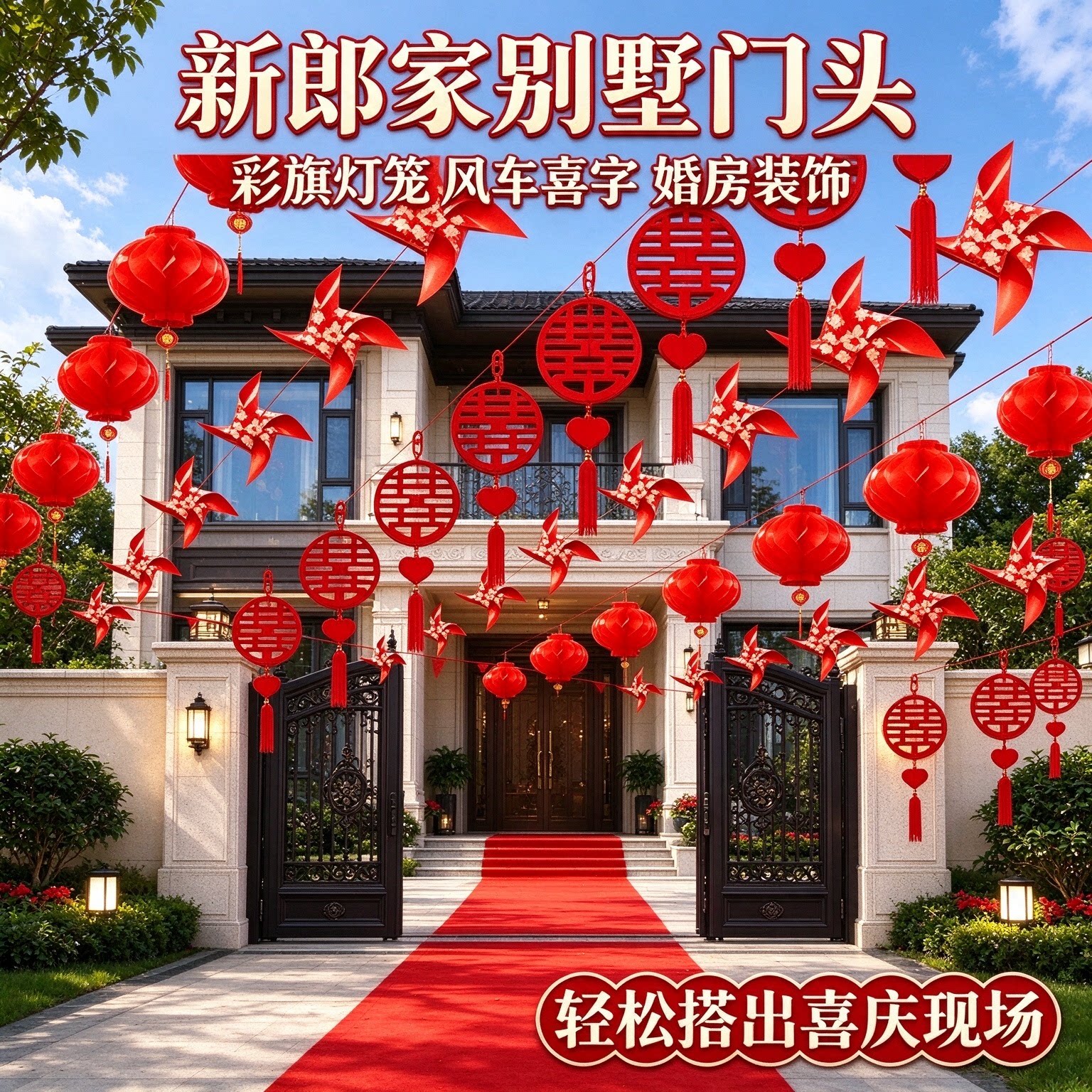 婚庆拉花彩带新郎家门口彩旗灯笼风车2026新款户外婚礼布置装饰