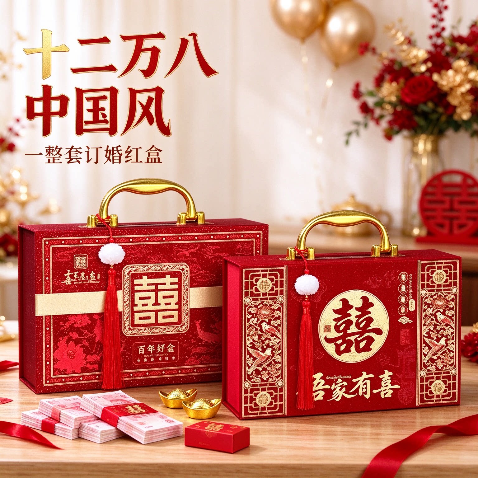 彩礼盒订婚专用2026年新款十二万八中国风一整套婚嫁大红用品大全