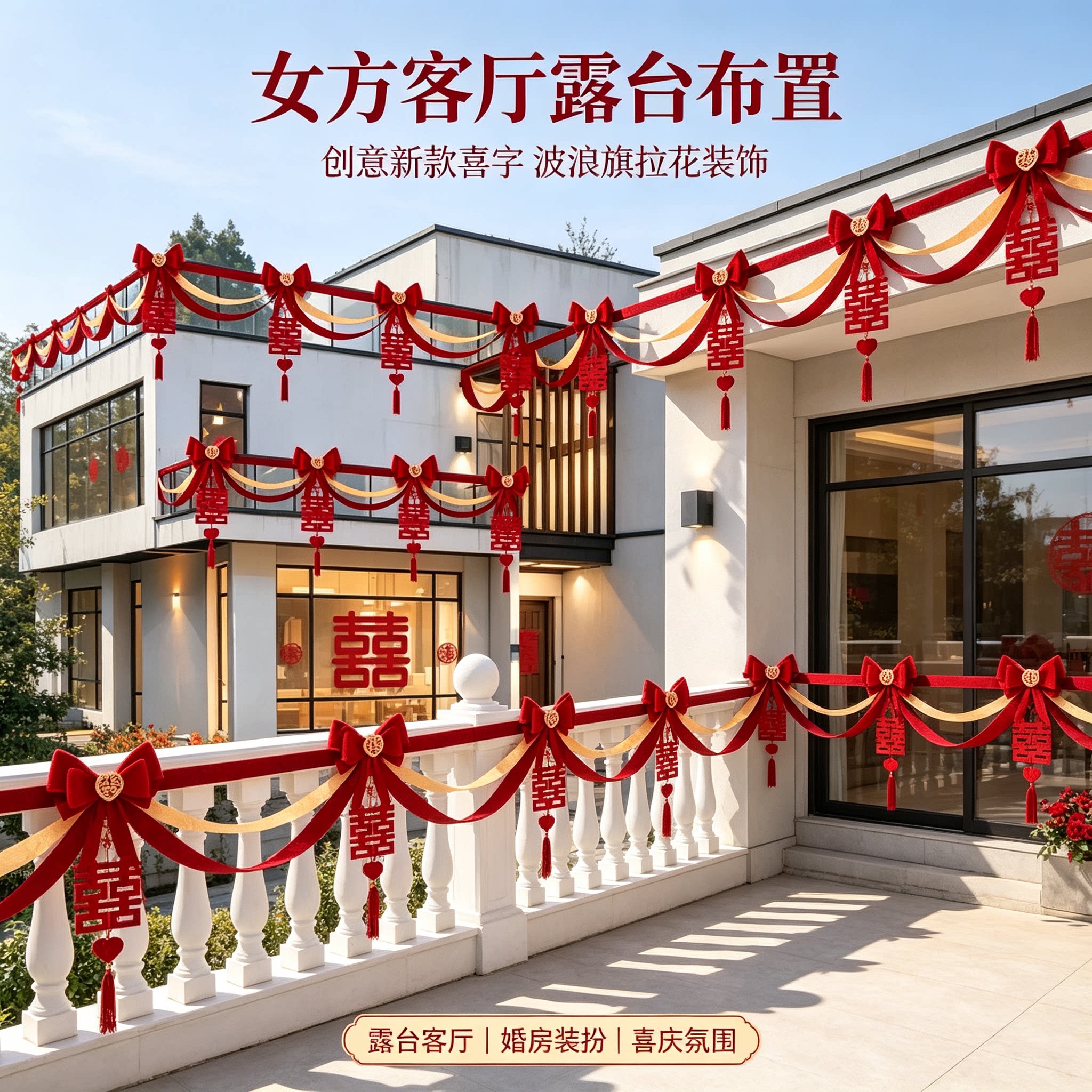 结婚装饰新人客厅蝴蝶结红色大红喜字农村自建房婚礼装扮拉花用品