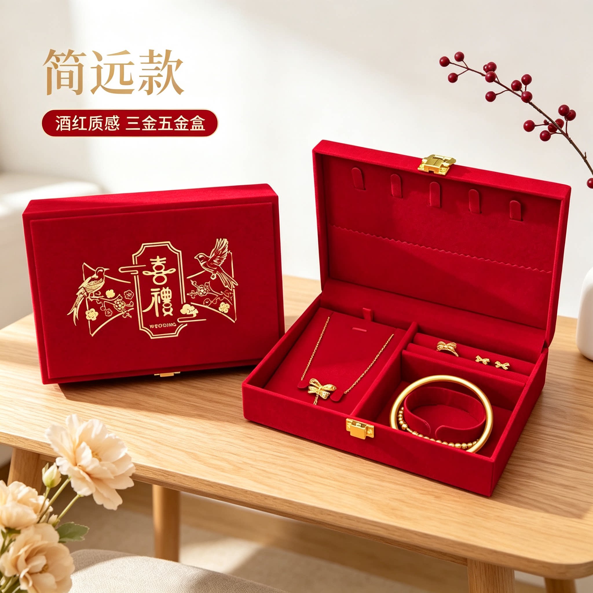 酒红首饰盒男方金器订婚结婚彩礼钱盒子质感婚礼黄金三金五金盒