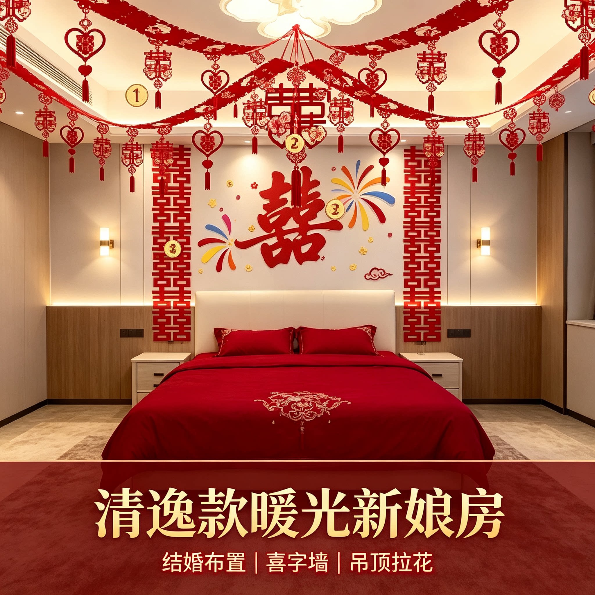 结婚婚房新娘房卧室床头喜字背景墙吊顶拉花氛围感布置装饰