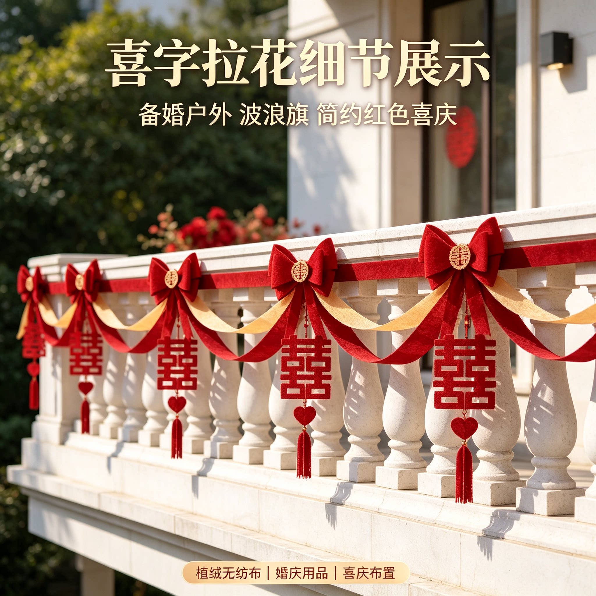 拉花彩带备婚户外波浪旗简约红色喜庆农村自建房婚礼装扮装饰用品