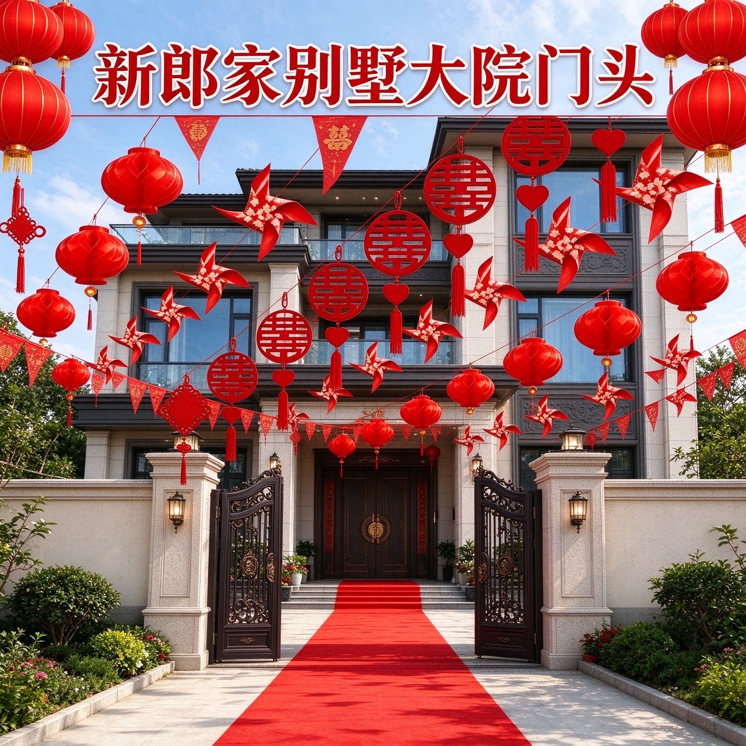婚庆拉花彩带新郎家农村院子彩旗灯笼风车大气婚房装饰用品大全