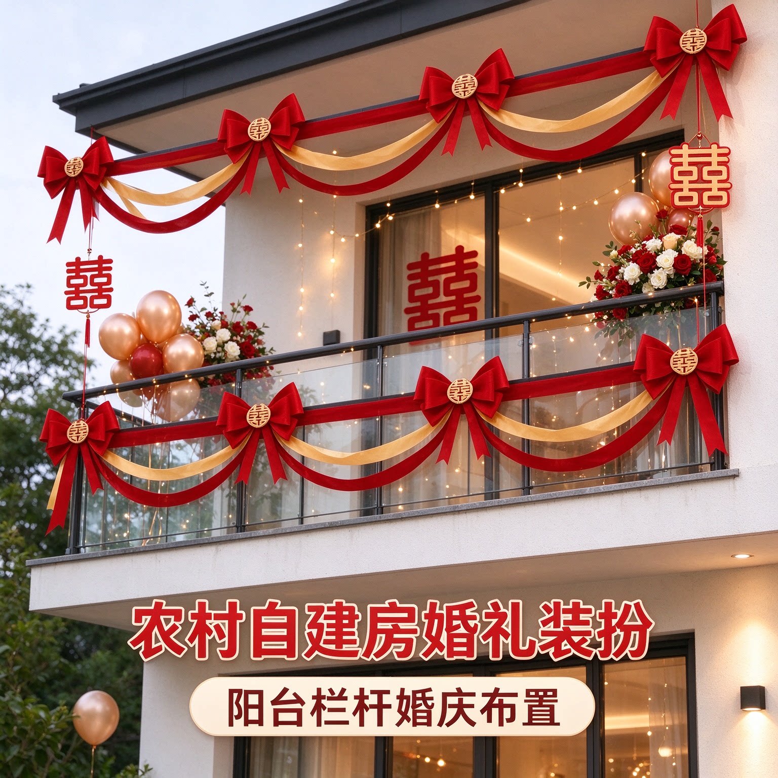 喜字拉花出嫁大门口波浪旗高级感正喜农村自建房婚礼装扮场景布置