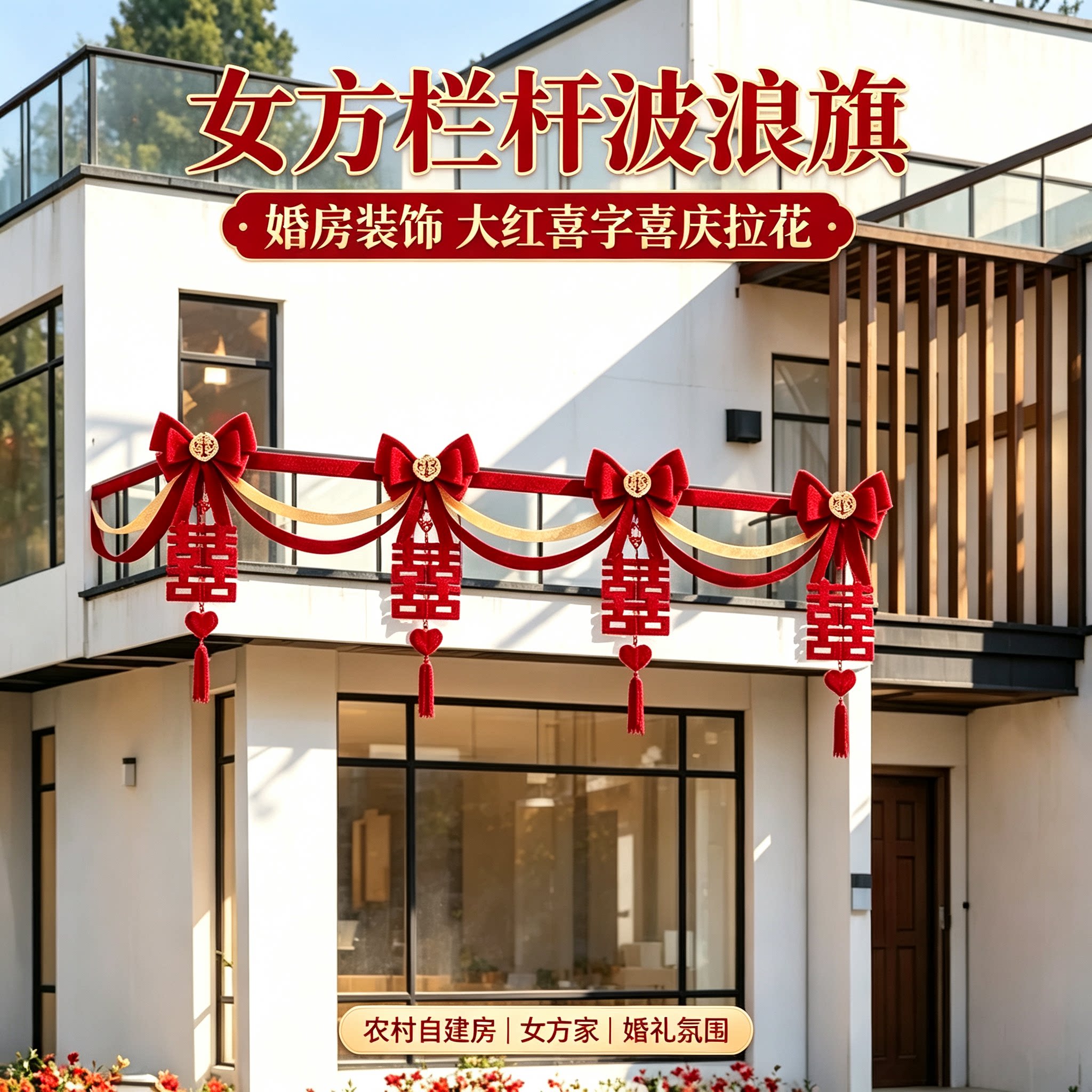 婚房装饰女方栏杆波浪旗喜庆大红喜字农村自建房场景布置装扮用品