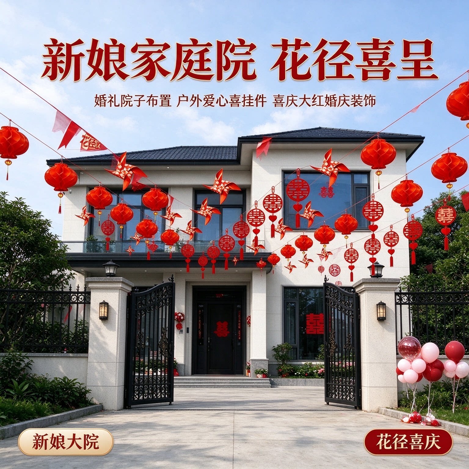 婚礼院子布置新娘家庭院户外爱心喜挂件喜庆大红婚庆装饰用品大全