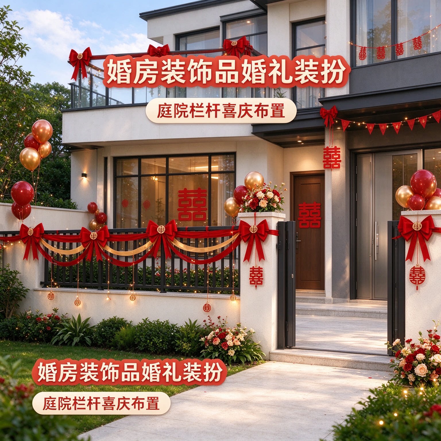 婚庆用品新人天花板长条喜字2026新款大红房门婚礼装扮婚房装饰品