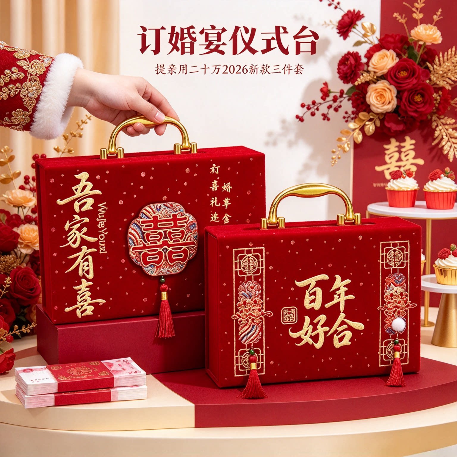 彩礼现金礼盒提亲用二十万2026年新款三件套婚嫁大红礼金用品大全