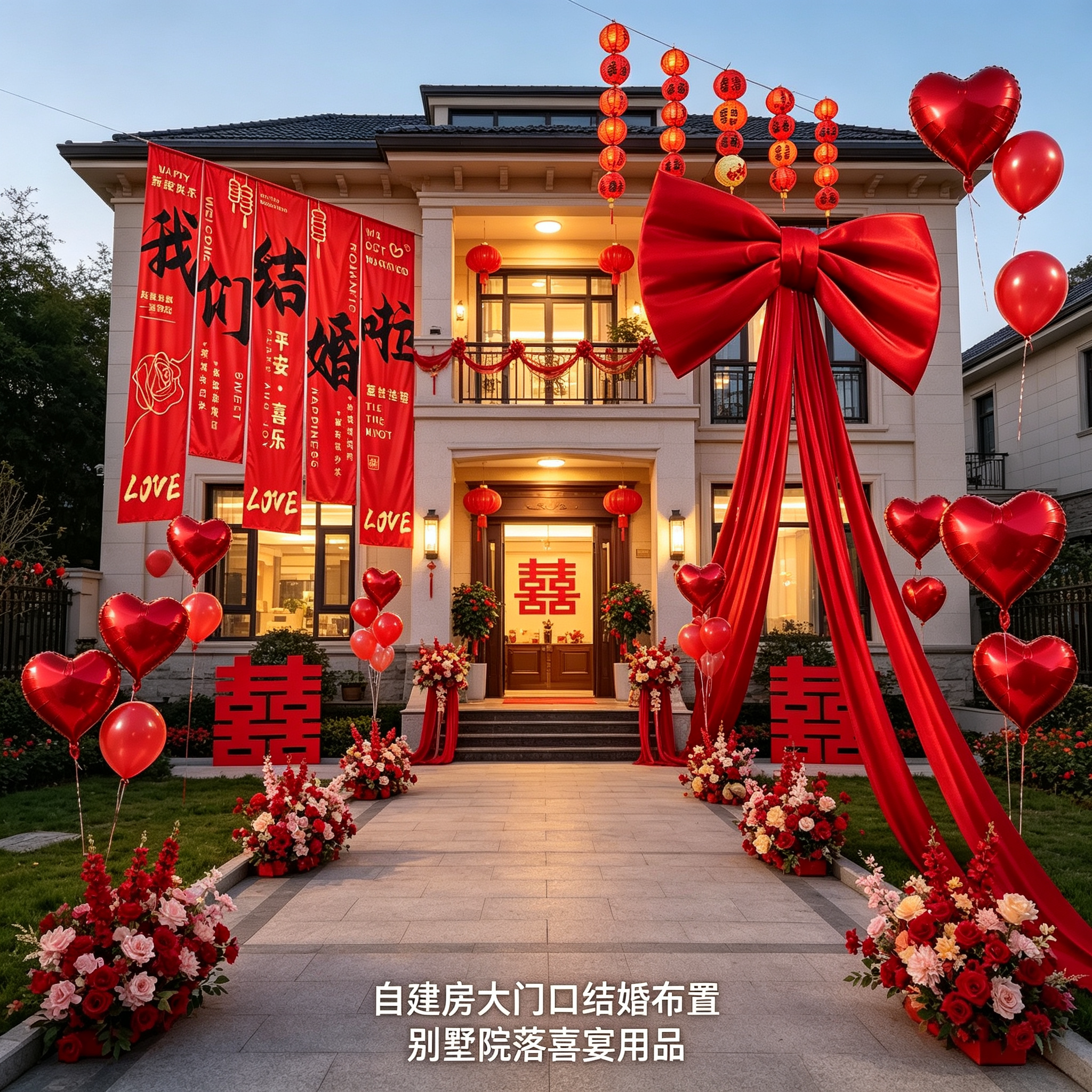 别墅院落嫁娶防水挂布条幅农村自建房大门口结婚含气球灯笼布置