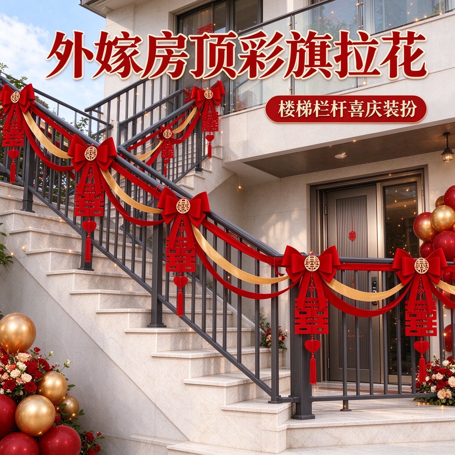 喜字拉花出嫁房顶彩旗氛围感蝴蝶结农村院子婚庆装饰婚礼场景布置