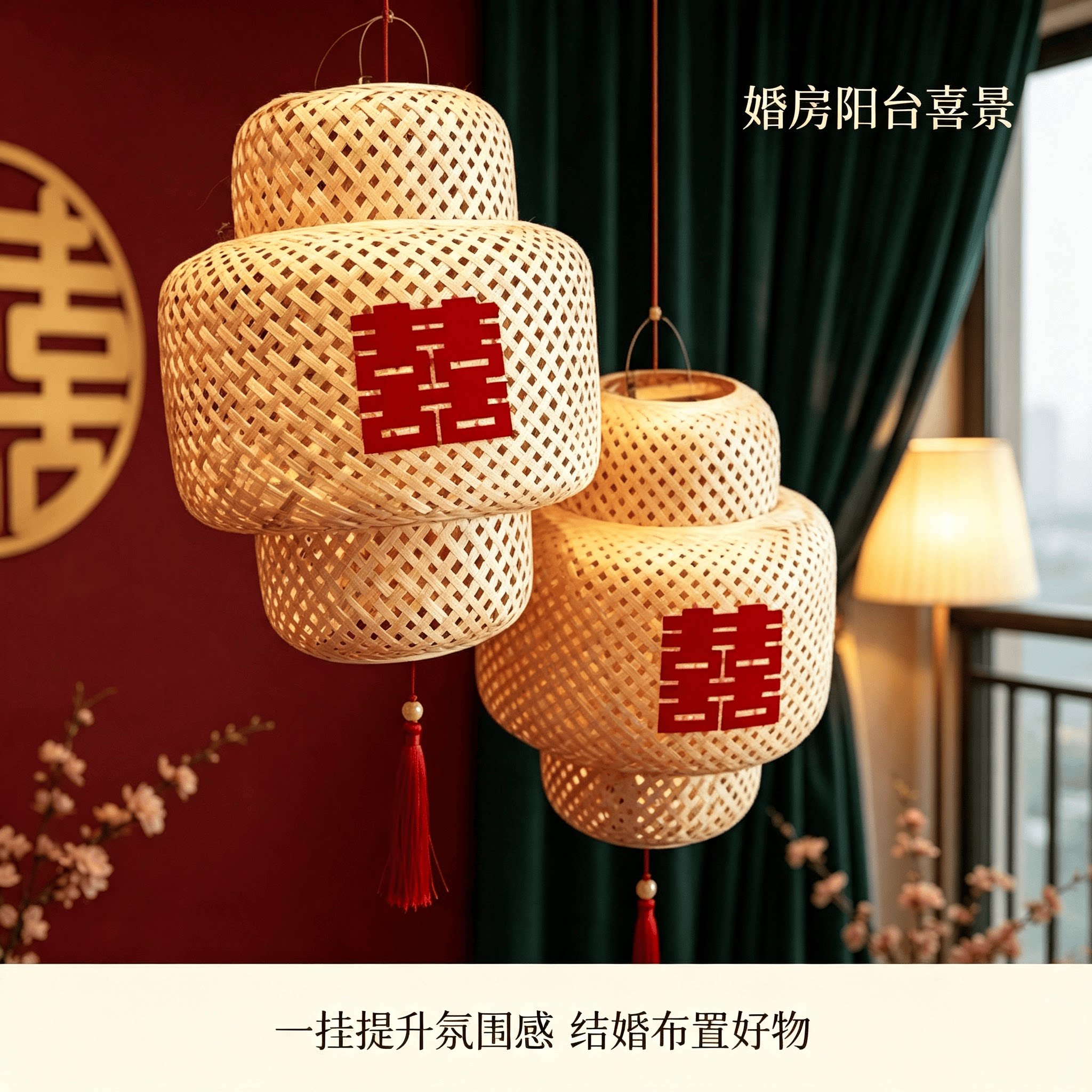 结婚阳台灯笼禅意喜字竹编灯笼图片