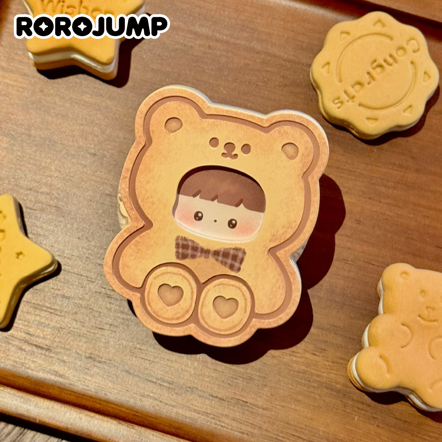 肉肉酱小熊饼干旋转磁吸手机支架背贴气囊伸缩新款原创雕刻仿木适用苹