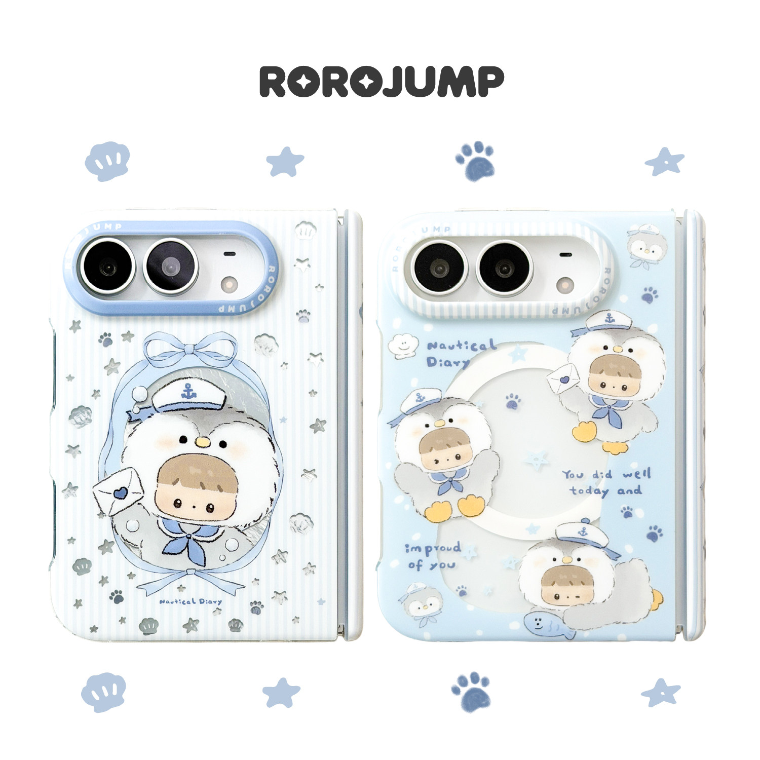 肉肉酱海军小企鹅适用iPhone Duo磁吸手机壳原创新款磨砂带中轴折叠款卡通可爱创意小众高级感