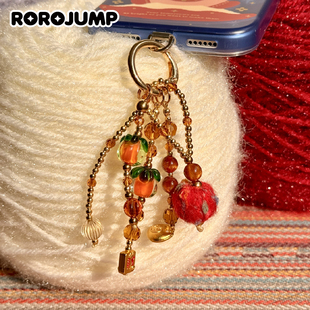 肉肉酱好运苹果手机壳挂绳手提款串珠可爱包包挂件原创新款手机壳挂件百搭装饰红色金色好运创意女
