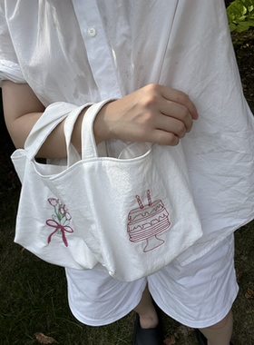 Le serein原创设计春夏水果手作刺绣白色全棉百搭休闲手提购物袋