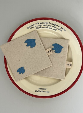 le serein原创设计法式刺绣蓝色飞鸟棉麻方形杯垫隔热垫餐桌餐垫