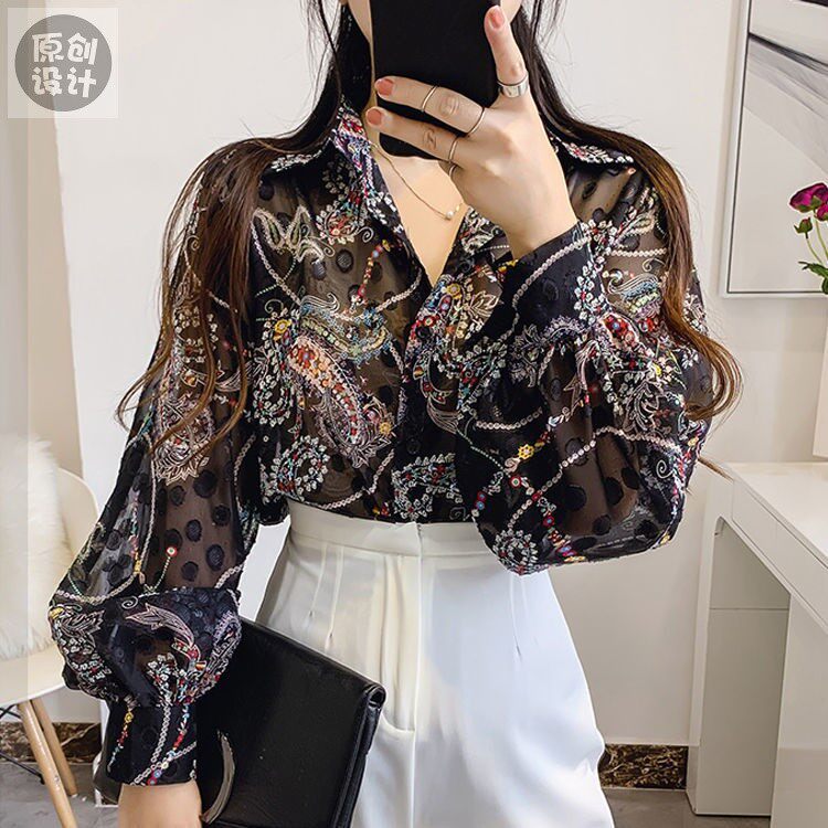 性感透视空调衫防晒衣女2021夏新款气质印花灯笼袖雪纺碎花衬衫女在类目 女装/女士精品, T恤中 - 来自Buy2taobao.com提供专业的淘宝代购服务