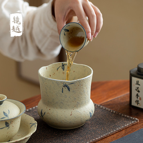 镜越纯手绘兰花建水茶渣桶家用花口水洗杯洗茶缸青花火石陶瓷水盂