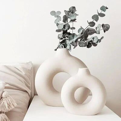 Nordic Vase Circular Hollow Ceramic Donuts Flower Pot Home L