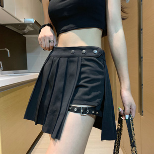 暗黑系腿环不对称高腰百褶裙半身短裙夏High waist pleated skirt
