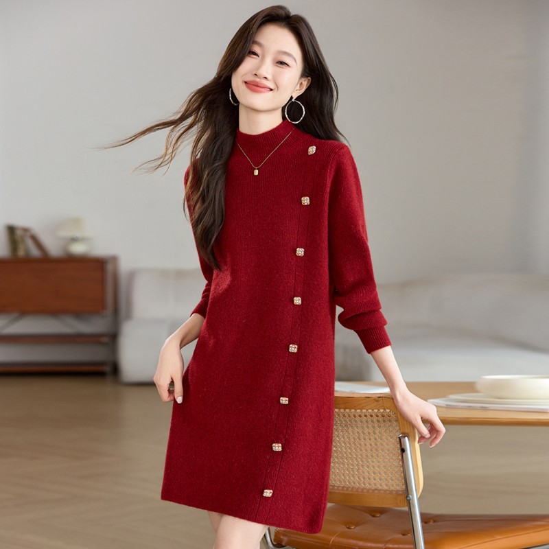 配大衣毛衣裙女款2024秋冬新款高级感加厚羊毛针织内搭打底连衣裙