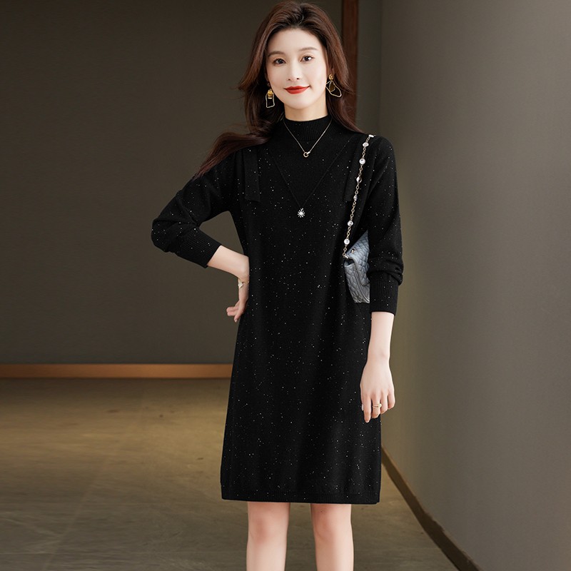 配大衣羊毛连衣裙女秋冬2024新款加厚中长款羊毛针织打底衫毛衣裙