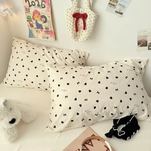 韩式简约爱心枕套一对柔软双层纱水洗棉枕头套48x74宿舍单人枕套