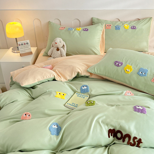 卡通水洗棉毛巾绣简约床上四件套1.51.8m床单被套宿舍三件套床笠