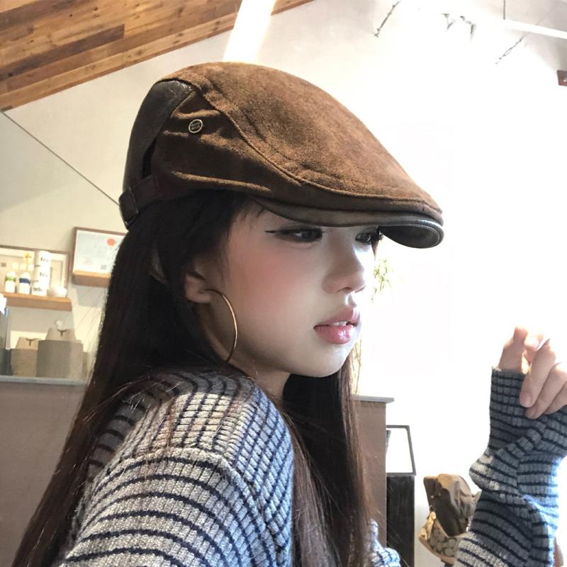 秋冬皮革麂皮绒前进帽子女复古百搭报童鸭舌帽男显脸小贝雷帽复古