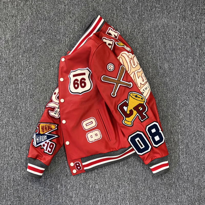 立领秋冬宽松刺绣棒球服皮衣