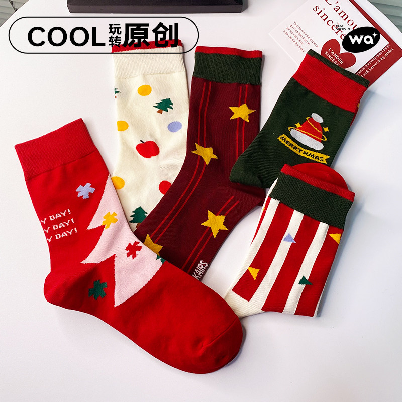 袜咔袜咔圣诞节礼物圣诞袜情侣袜子女圣诞袜红袜子中筒袜