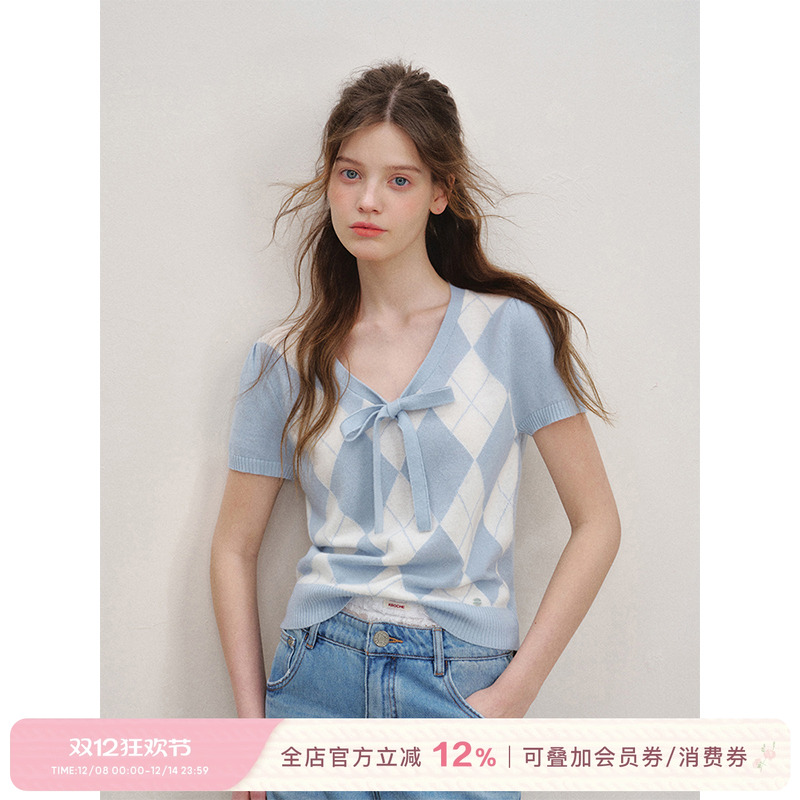 Kroche蝴蝶结系带菱形格针织短袖