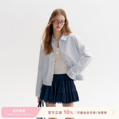 苎麻棉蕾丝花边拼接翻领夹克外套