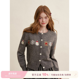 小熊雪人圆领灰色针织开衫 羊毛混纺 圣诞氛围 Kroche
