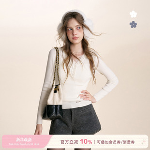 羊毛混纺 浪漫蕾丝 V领多粒扣长袖 修身 Kroche 打底针织衫 25aw