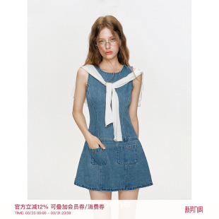 分割线设计 牛仔 背心A字连衣裙 法式 Kroche