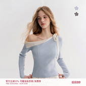 云柔漫步 针织衫 撞色翻边蝴蝶结系带 长袖 斜肩修身 Kroche