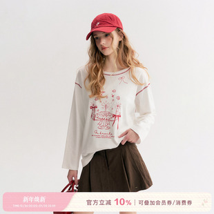 亲肤棉撞色绗线长袖 手绘蛋糕趣味印花 T恤 Kroche 卢昱晓周也同款