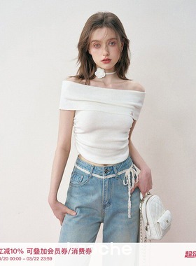 Kroche 浪漫氛围 玫瑰花系带 一字肩修身柔软亲肤针织短袖