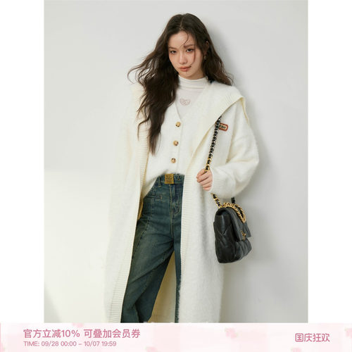 kroche仿貂绒大翻领长款休闲外套