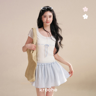 羊毛混纺撞色抽绳波浪边针织短袖 Kroche Ballet Disordered 26ss