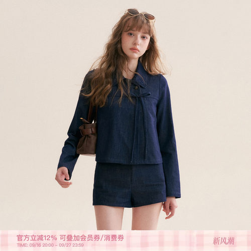 翻领立体蝴蝶结牛仔外套短裤套装