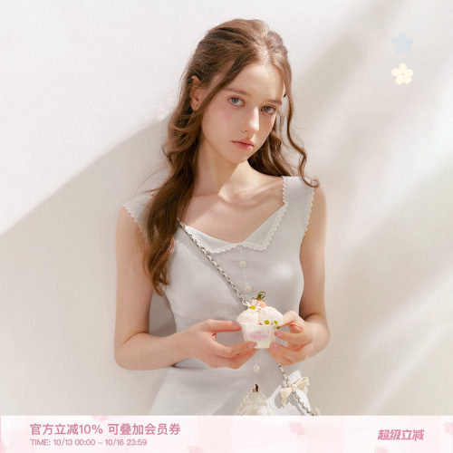 翻领收腰开叉无袖针织背心上衣