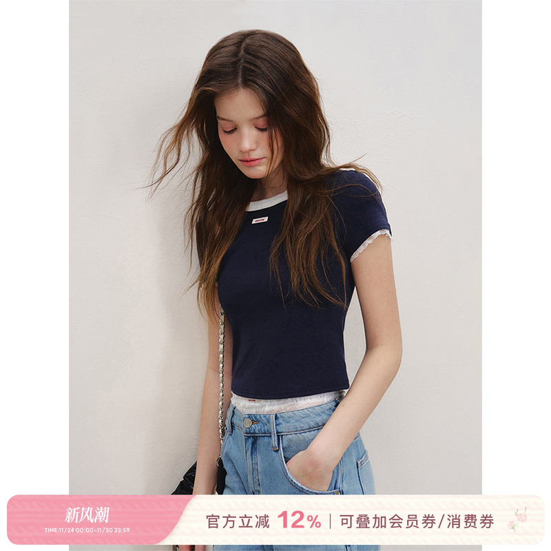 Kroche木浆纤维蕾丝拼接圆领短袖