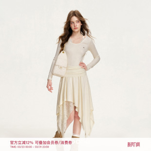 蕾丝拼接腰部抽褶长袖 浪漫蕾丝 不规则下摆连衣裙 26ss Kroche