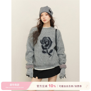 撞色玫瑰提花宽松套头灰色毛衣 柔软亲肤羊毛 Kroche 温柔玫瑰