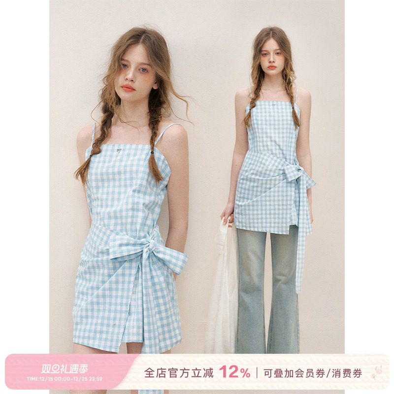 亚麻棉立体花格纹绑带吊带连衣裙