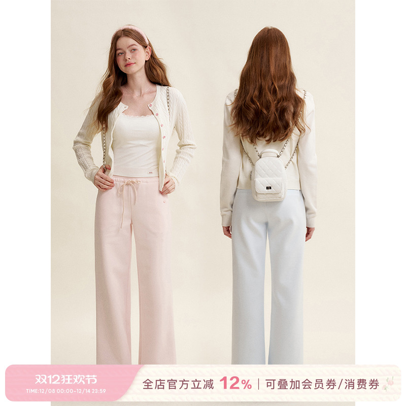 Kroche棉质高腰直筒阔腿休闲长裤